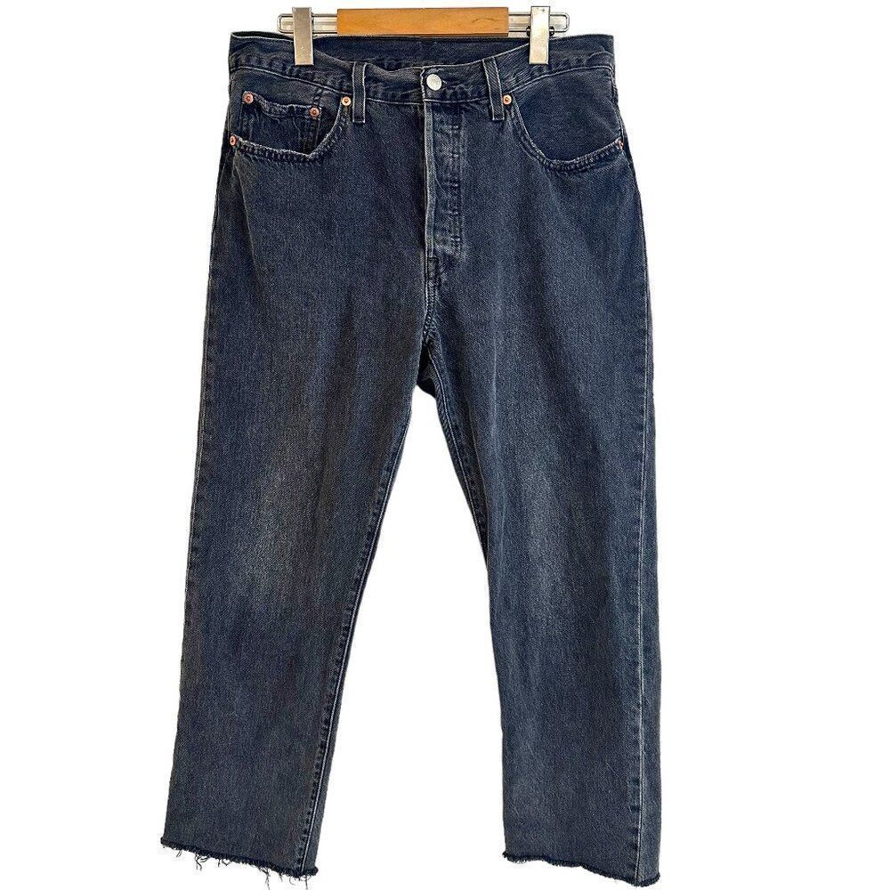Levis 501 Faded Black Button Fly High Waist Frayed Hem Jeans Size 31